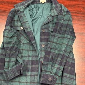 LOFT Green and Navy Plaid Button-Up Coat